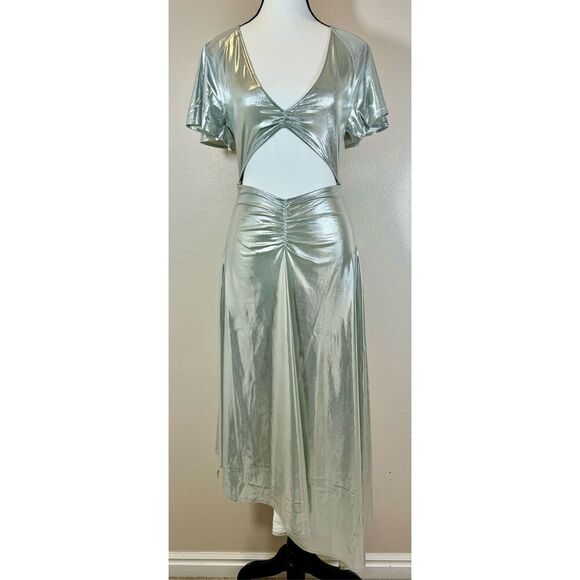 NWOT WeWoreWhat Metallic Silver Asymmetric Cutout Midi Dress Women's Small - Picture 3 of 12